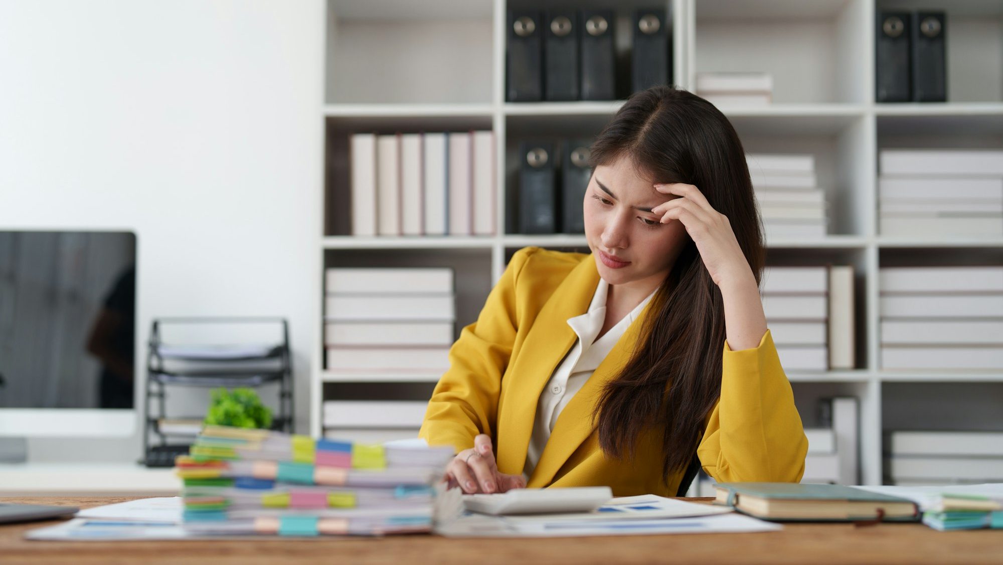 Deadline with young business woman feeling stressed concept. Business woman working at office